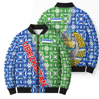 Uzbekistan Bomber Puffer Jacket with Ikat Pattern and National Coat of Arms Design - Wonder Print Shop