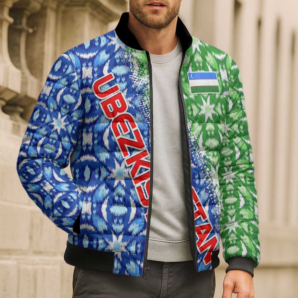 Uzbekistan Bomber Puffer Jacket with Ikat Pattern and National Coat of Arms Design - Wonder Print Shop