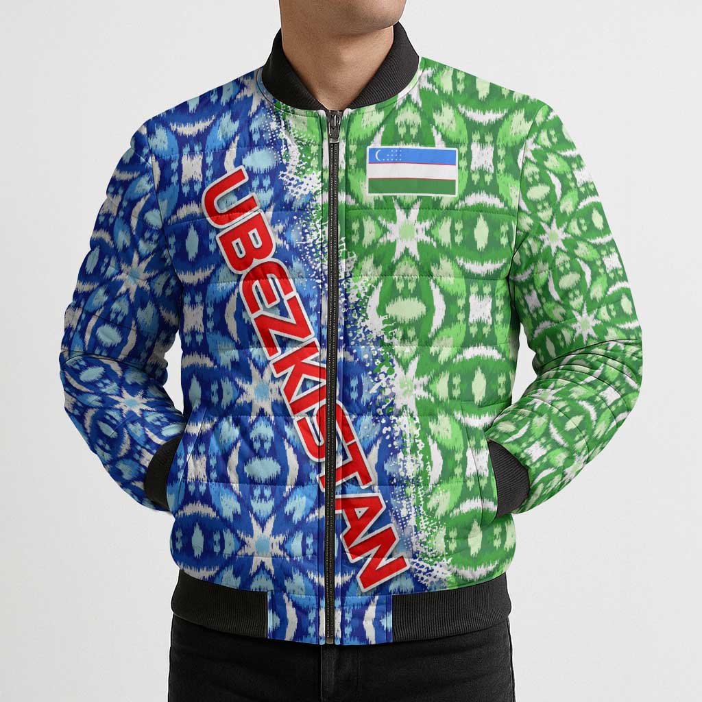 Uzbekistan Bomber Puffer Jacket with Ikat Pattern and National Coat of Arms Design - Wonder Print Shop