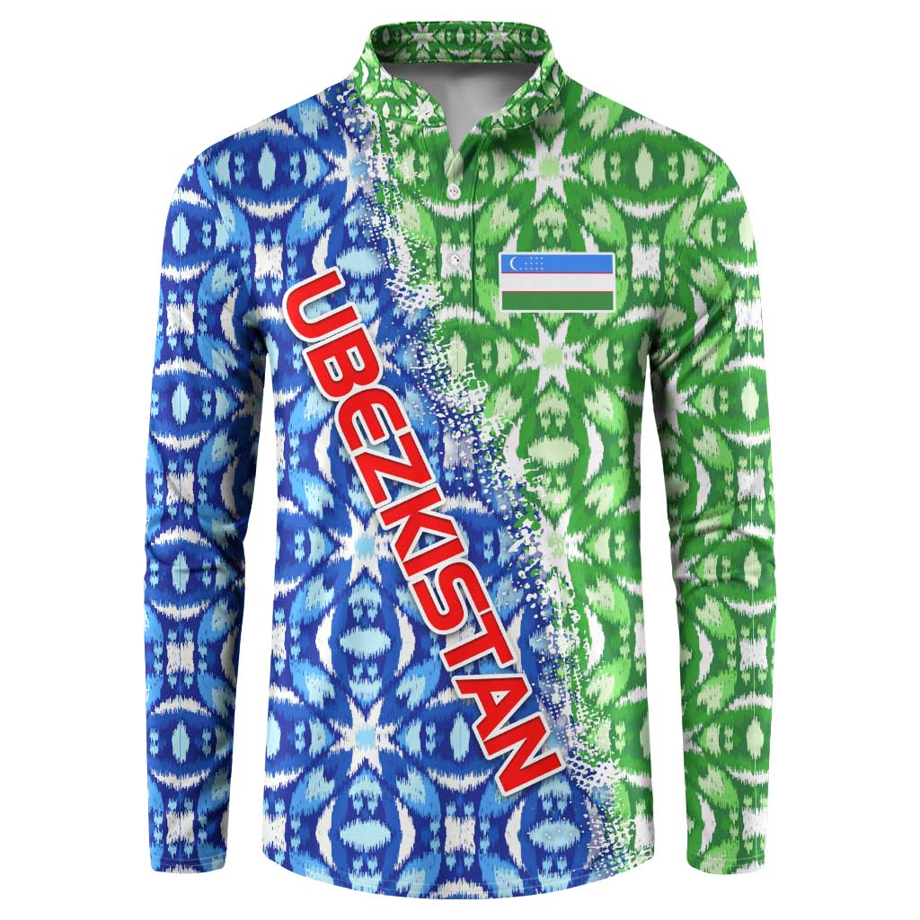 Uzbekistan Button Sweatshirt with Ikat Pattern and National Coat of Arms Design - Wonder Print Shop