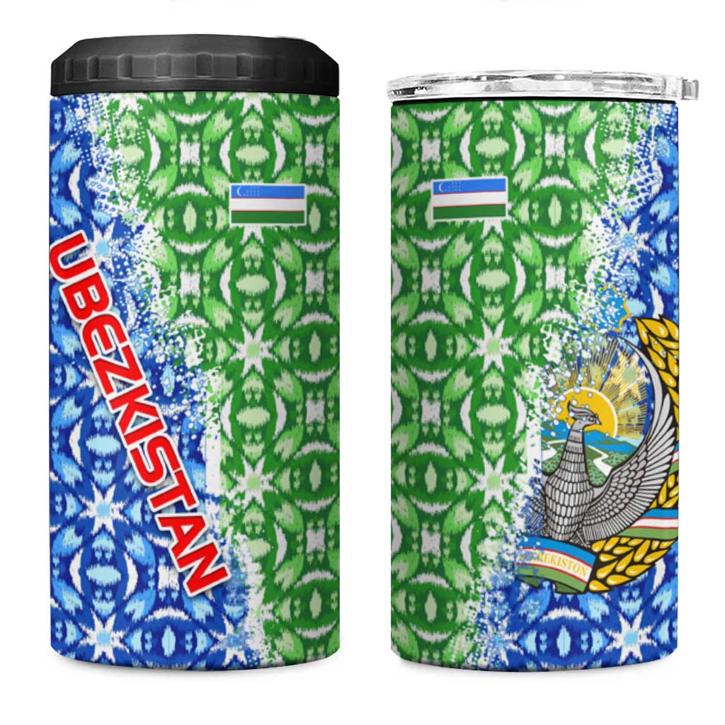 Uzbekistan 4 in 1 Can Cooler Tumbler with Ikat Pattern and National Coat of Arms Design - Wonder Print Shop