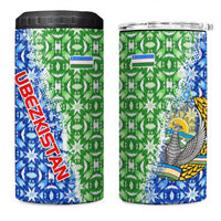 Uzbekistan 4 in 1 Can Cooler Tumbler with Ikat Pattern and National Coat of Arms Design - Wonder Print Shop