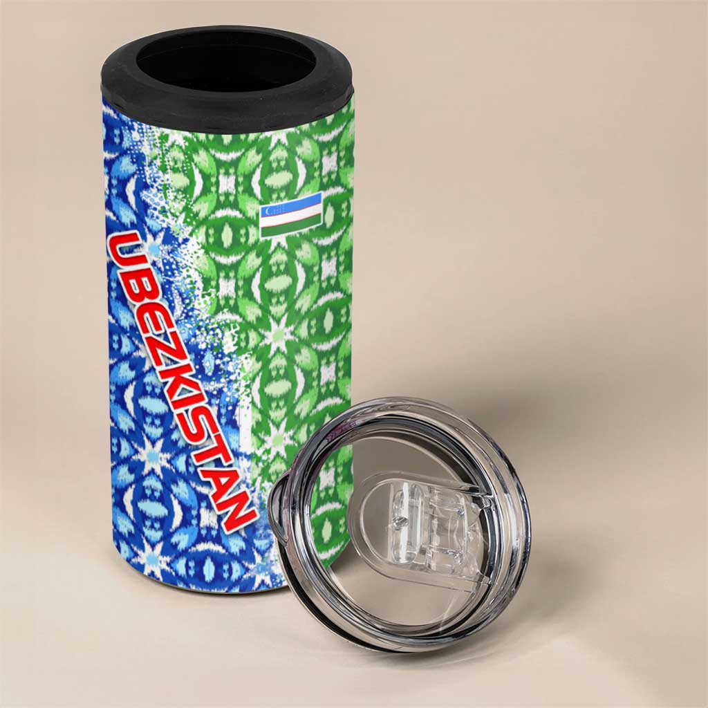 Uzbekistan 4 in 1 Can Cooler Tumbler with Ikat Pattern and National Coat of Arms Design - Wonder Print Shop