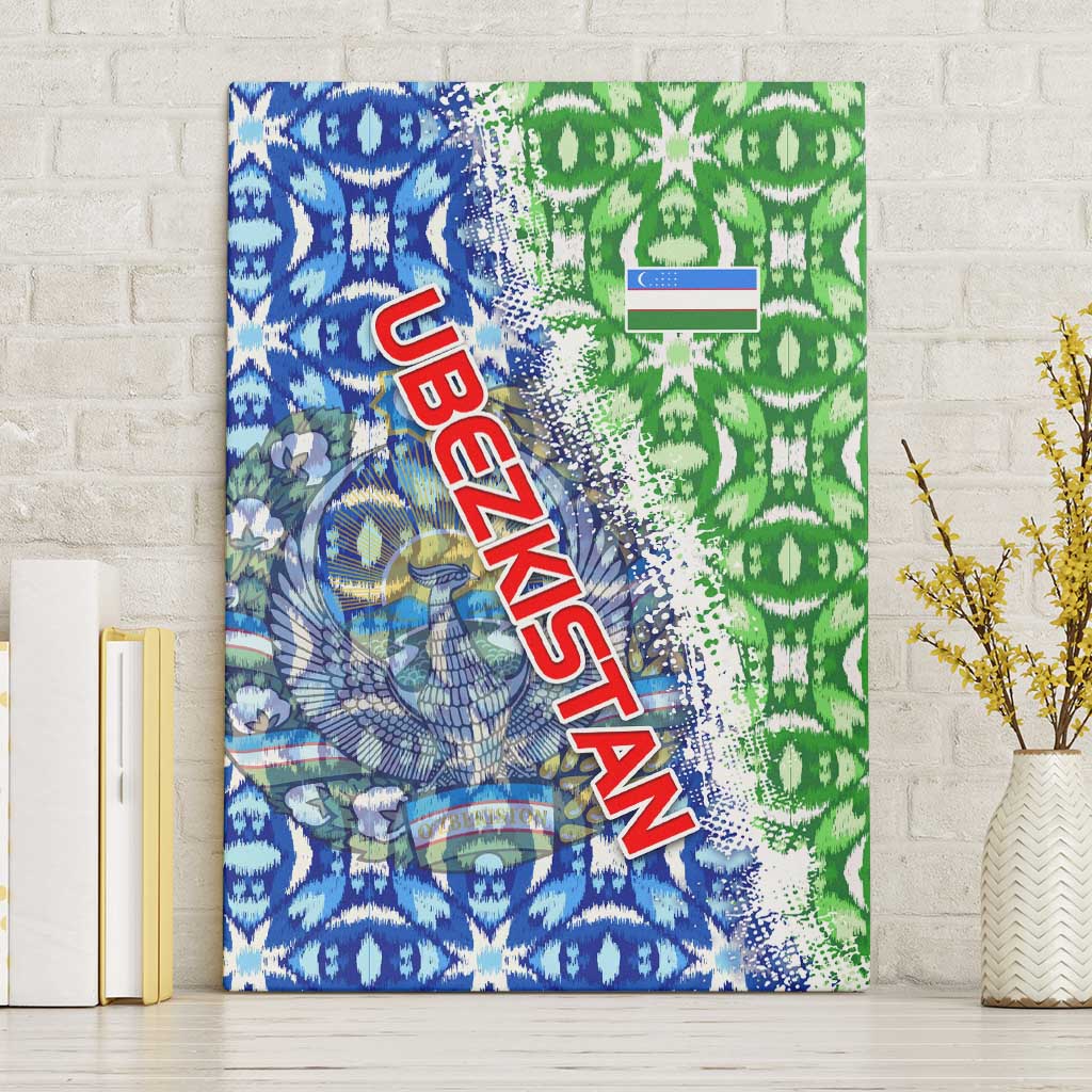 Uzbekistan Canvas Wall Art with Ikat Pattern and National Coat of Arms Design - Wonder Print Shop