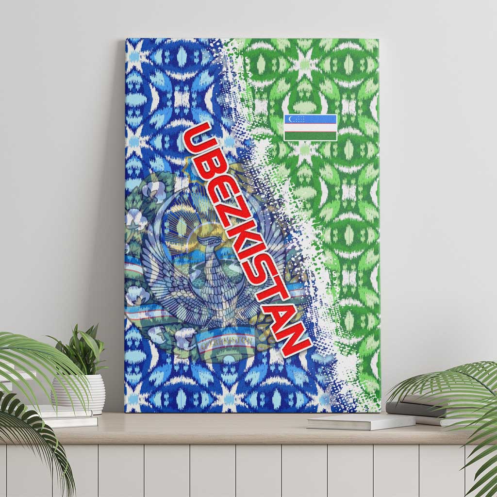 Uzbekistan Canvas Wall Art with Ikat Pattern and National Coat of Arms Design - Wonder Print Shop