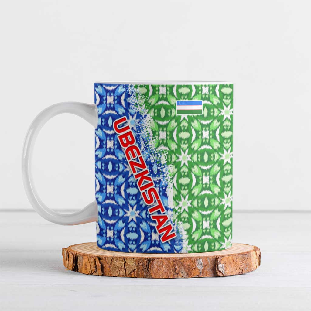 Uzbekistan Ceramic Mug with Ikat Pattern and National Coat of Arms Design - Wonder Print Shop