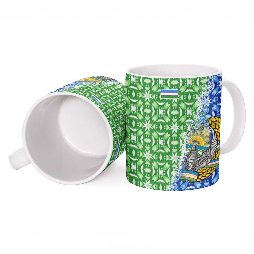 Uzbekistan Ceramic Mug with Ikat Pattern and National Coat of Arms Design - Wonder Print Shop