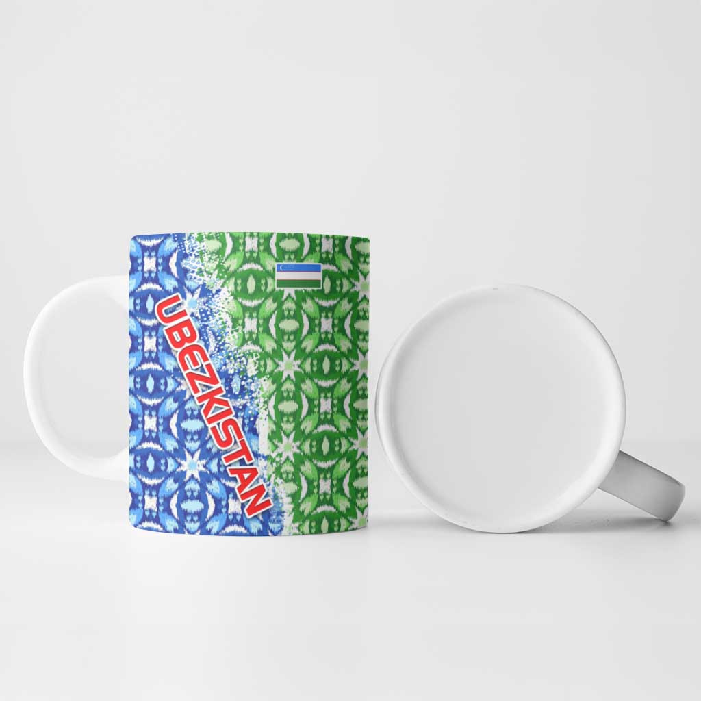 Uzbekistan Ceramic Mug with Ikat Pattern and National Coat of Arms Design - Wonder Print Shop