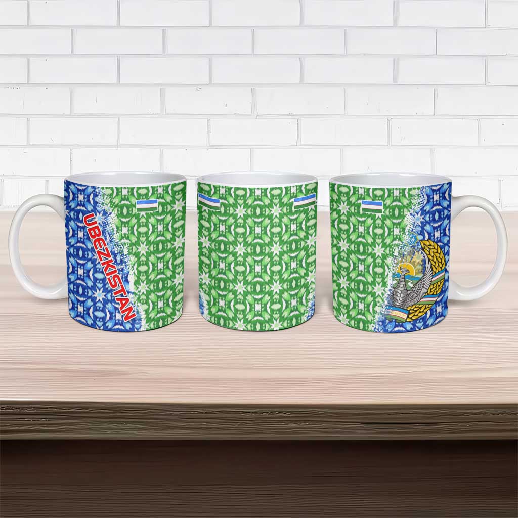 Uzbekistan Ceramic Mug with Ikat Pattern and National Coat of Arms Design - Wonder Print Shop