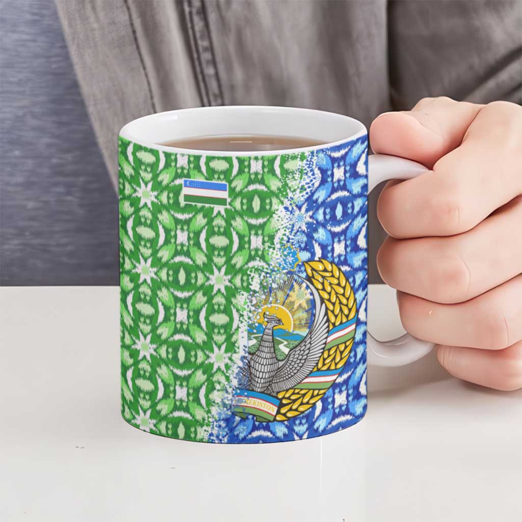 Uzbekistan Ceramic Mug with Ikat Pattern and National Coat of Arms Design - Wonder Print Shop