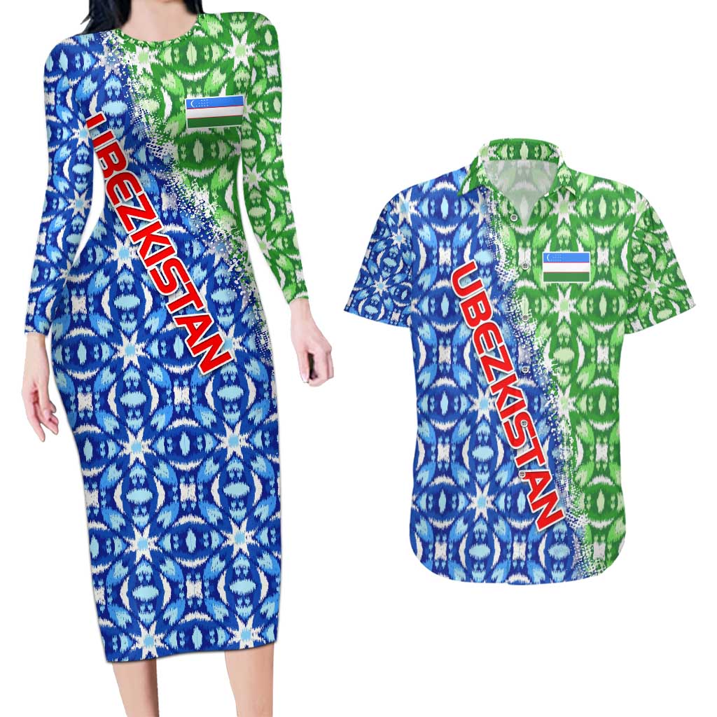 Uzbekistan Couples Matching Long Sleeve Bodycon Dress and Hawaiian Shirt with Ikat Pattern and National Coat of Arms Design - Wonder Print Shop