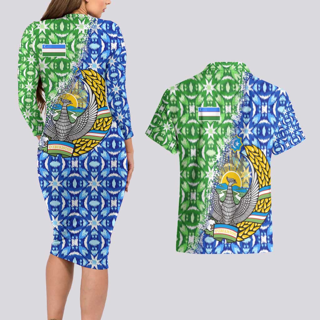 Uzbekistan Couples Matching Long Sleeve Bodycon Dress and Hawaiian Shirt with Ikat Pattern and National Coat of Arms Design - Wonder Print Shop