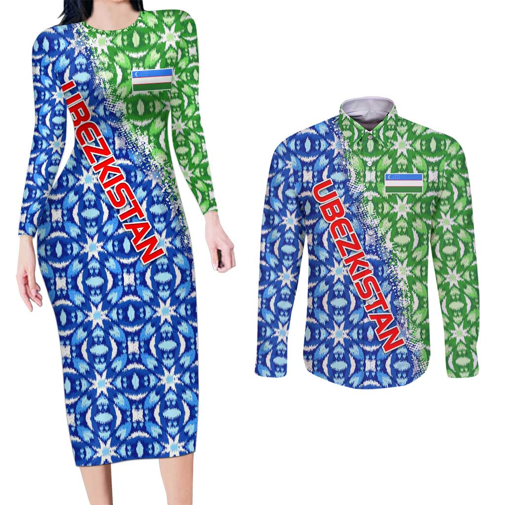 Uzbekistan Couples Matching Long Sleeve Bodycon Dress and Long Sleeve Button Shirt with Ikat Pattern and National Coat of Arms Design - Wonder Print Shop