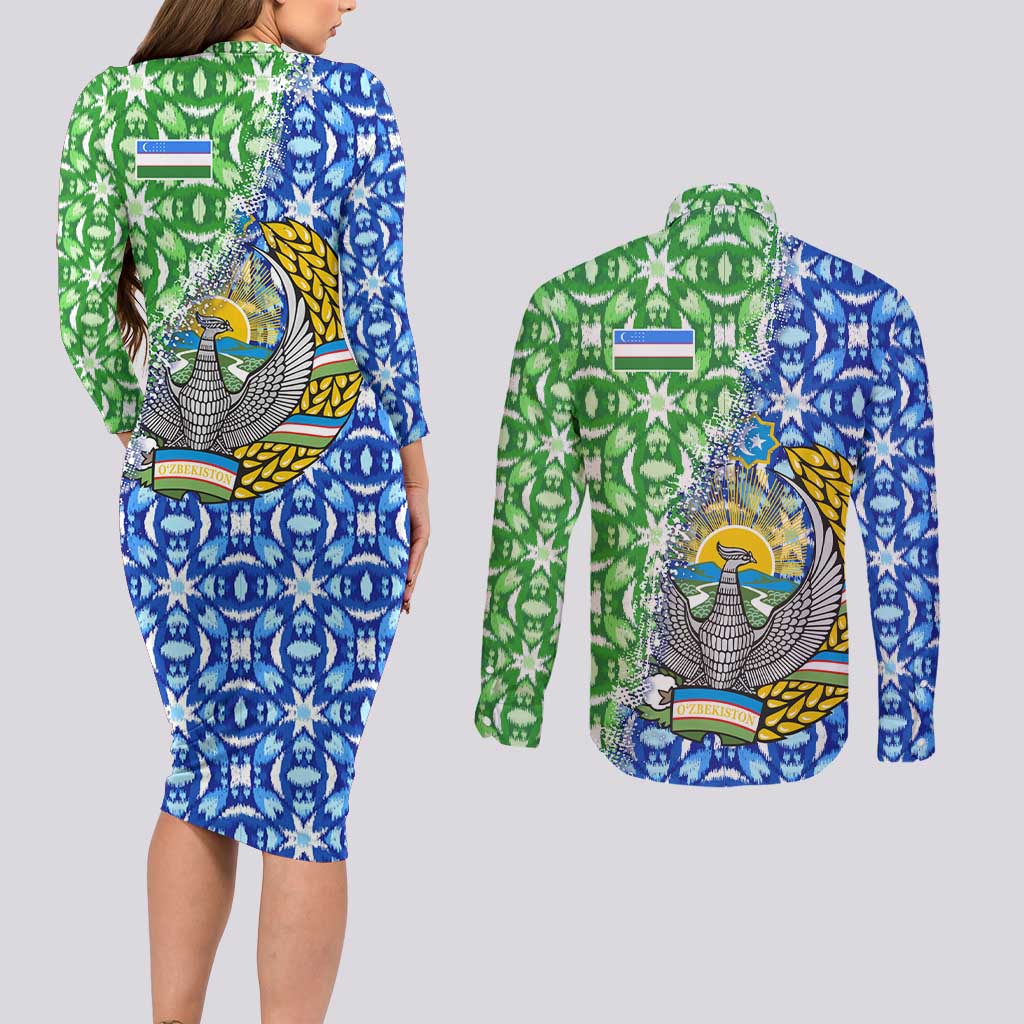 Uzbekistan Couples Matching Long Sleeve Bodycon Dress and Long Sleeve Button Shirt with Ikat Pattern and National Coat of Arms Design - Wonder Print Shop