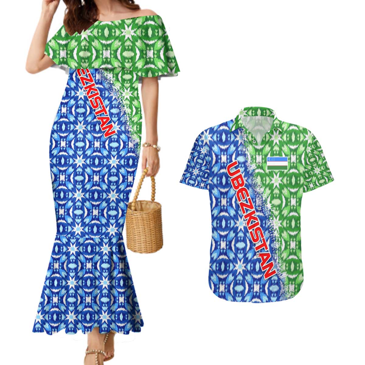 Uzbekistan Couples Matching Mermaid Dress and Hawaiian Shirt with Ikat Pattern and National Coat of Arms Design - Wonder Print Shop