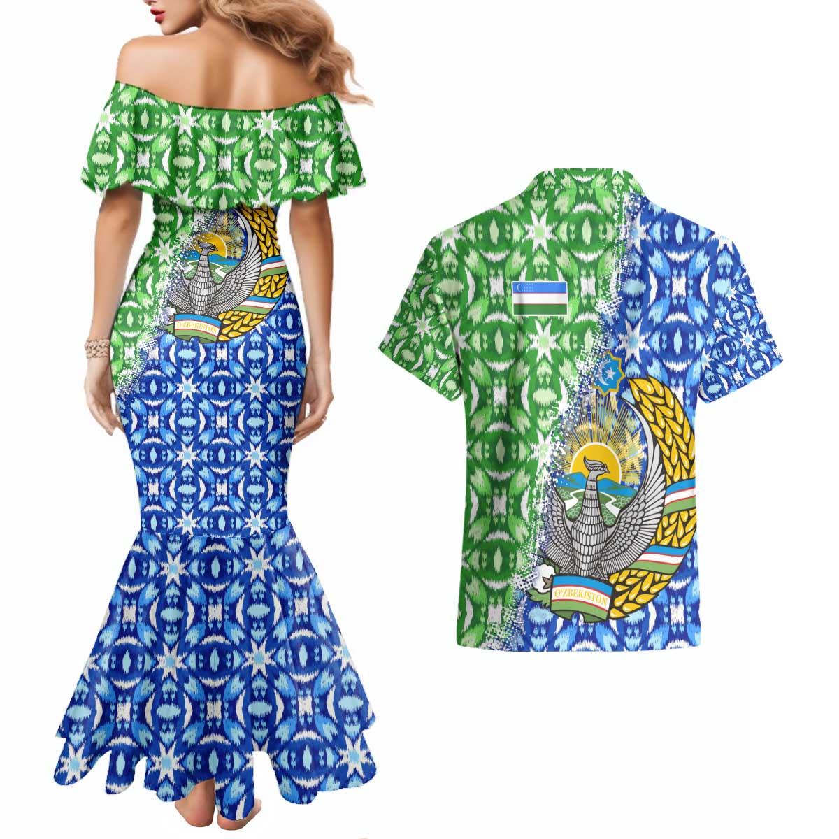 Uzbekistan Couples Matching Mermaid Dress and Hawaiian Shirt with Ikat Pattern and National Coat of Arms Design - Wonder Print Shop