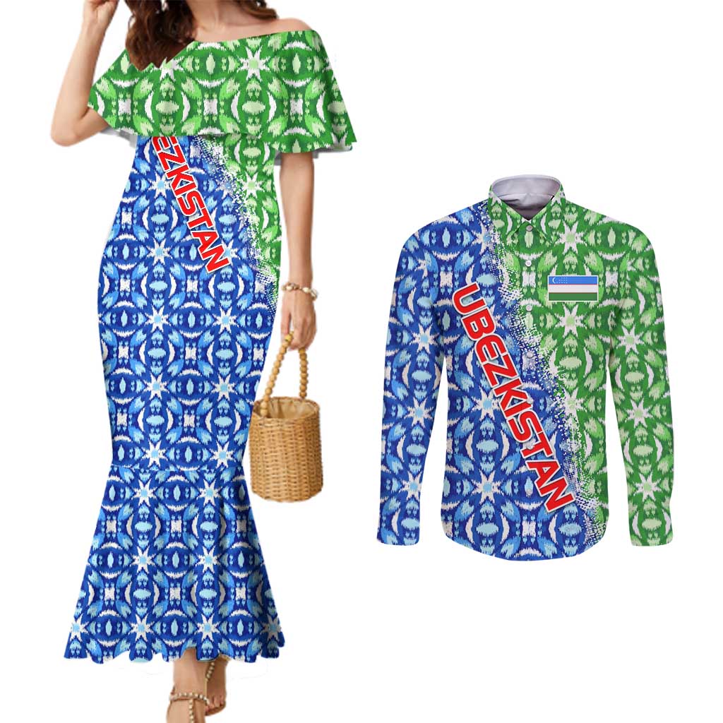 Uzbekistan Couples Matching Mermaid Dress and Long Sleeve Button Shirt with Ikat Pattern and National Coat of Arms Design - Wonder Print Shop