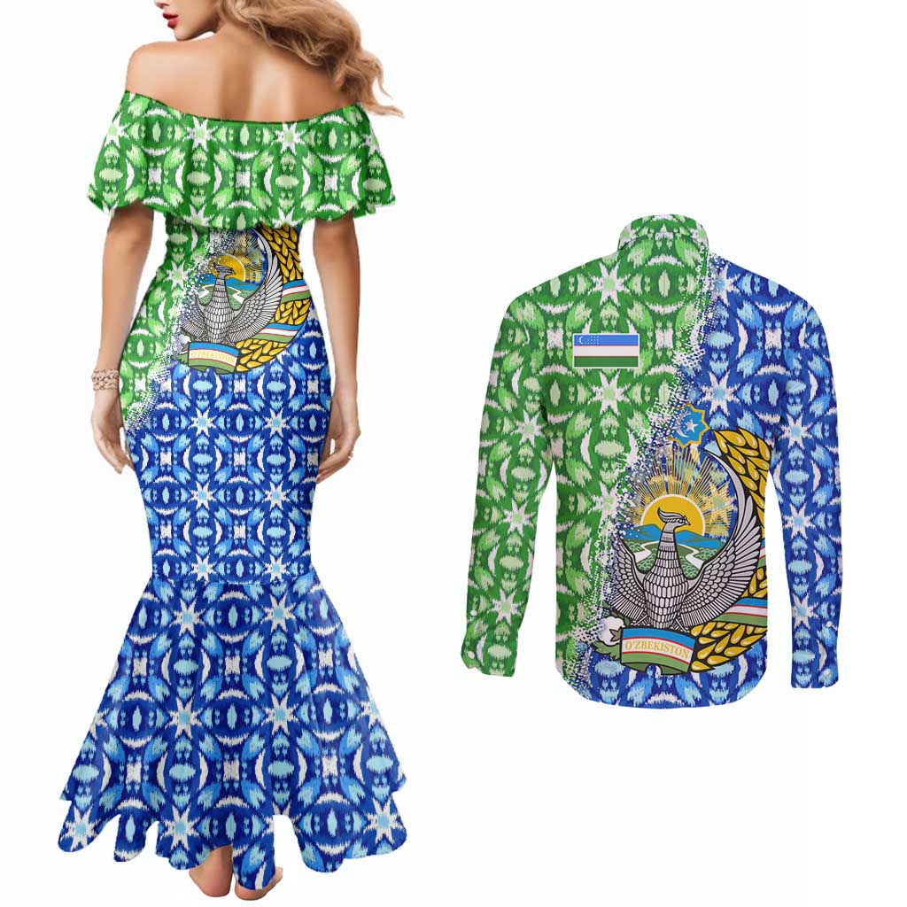 Uzbekistan Couples Matching Mermaid Dress and Long Sleeve Button Shirt with Ikat Pattern and National Coat of Arms Design - Wonder Print Shop
