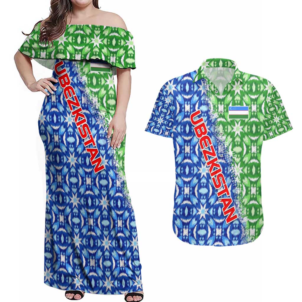 Uzbekistan Couples Matching Off Shoulder Maxi Dress and Hawaiian Shirt with Ikat Pattern and National Coat of Arms Design - Wonder Print Shop