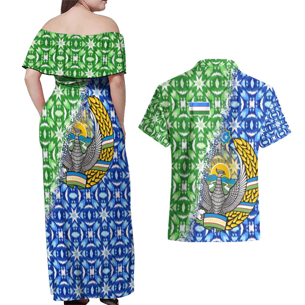 Uzbekistan Couples Matching Off Shoulder Maxi Dress and Hawaiian Shirt with Ikat Pattern and National Coat of Arms Design - Wonder Print Shop