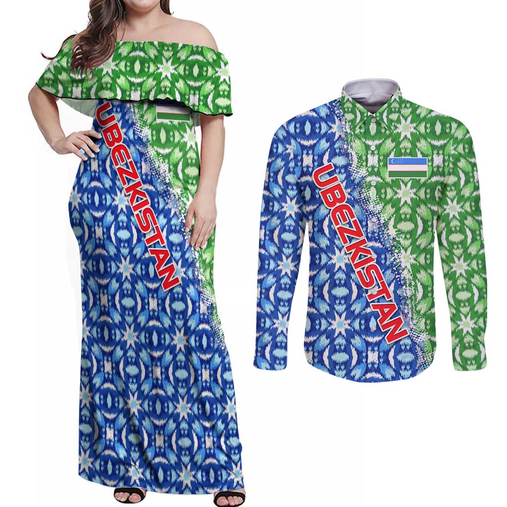 Uzbekistan Couples Matching Off Shoulder Maxi Dress and Long Sleeve Button Shirt with Ikat Pattern and National Coat of Arms Design - Wonder Print Shop