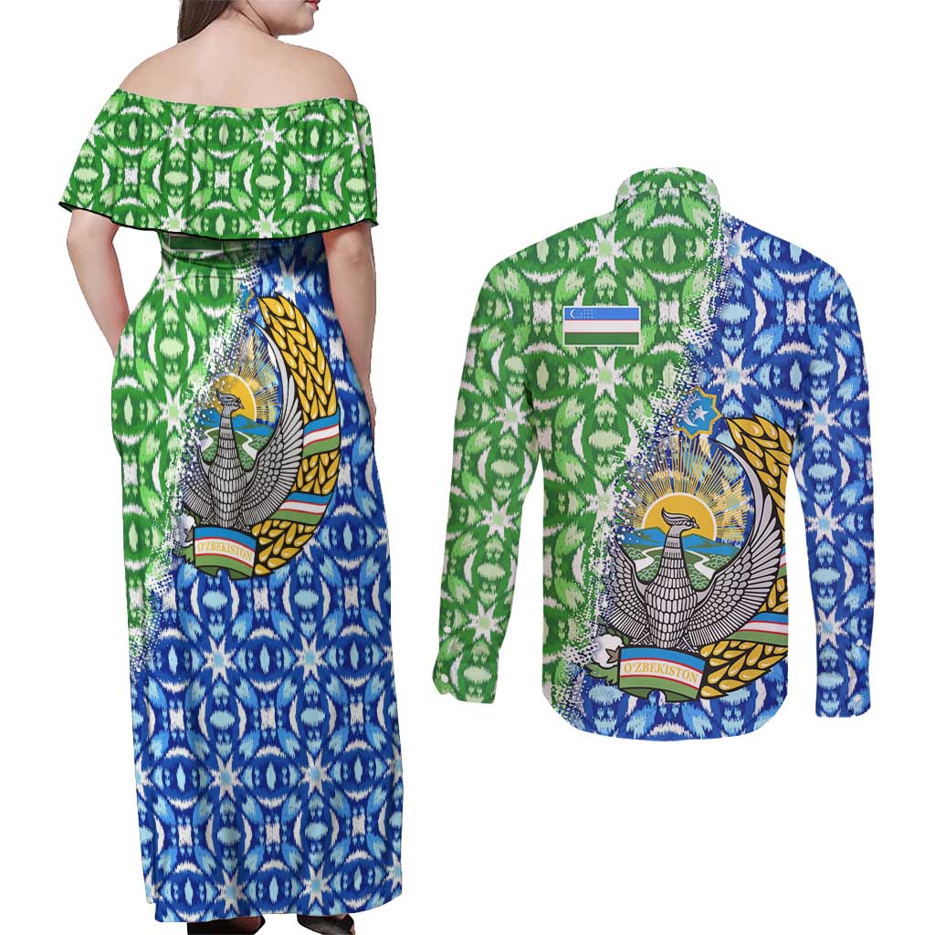 Uzbekistan Couples Matching Off Shoulder Maxi Dress and Long Sleeve Button Shirt with Ikat Pattern and National Coat of Arms Design - Wonder Print Shop