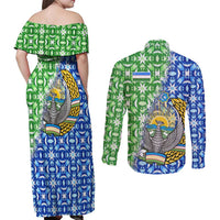 Uzbekistan Couples Matching Off Shoulder Maxi Dress and Long Sleeve Button Shirt with Ikat Pattern and National Coat of Arms Design - Wonder Print Shop