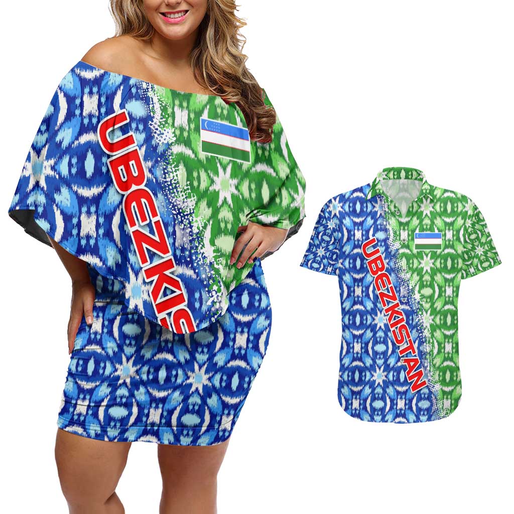 Uzbekistan Couples Matching Off Shoulder Short Dress and Hawaiian Shirt with Ikat Pattern and National Coat of Arms Design - Wonder Print Shop