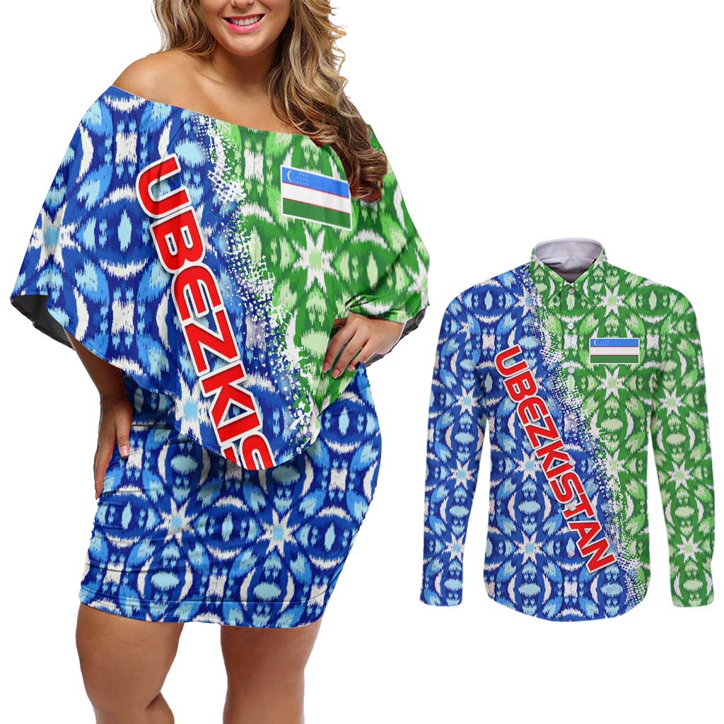Uzbekistan Couples Matching Off Shoulder Short Dress and Long Sleeve Button Shirt with Ikat Pattern and National Coat of Arms Design - Wonder Print Shop