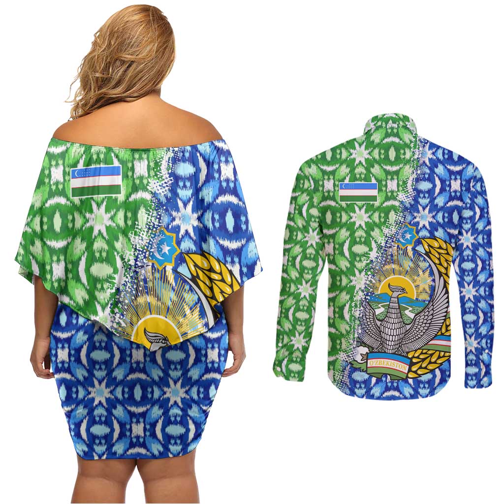 Uzbekistan Couples Matching Off Shoulder Short Dress and Long Sleeve Button Shirt with Ikat Pattern and National Coat of Arms Design - Wonder Print Shop