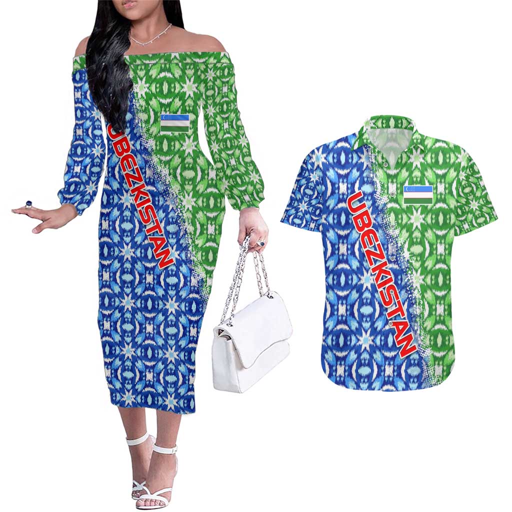 Uzbekistan Couples Matching Off The Shoulder Long Sleeve Dress and Hawaiian Shirt with Ikat Pattern and National Coat of Arms Design - Wonder Print Shop