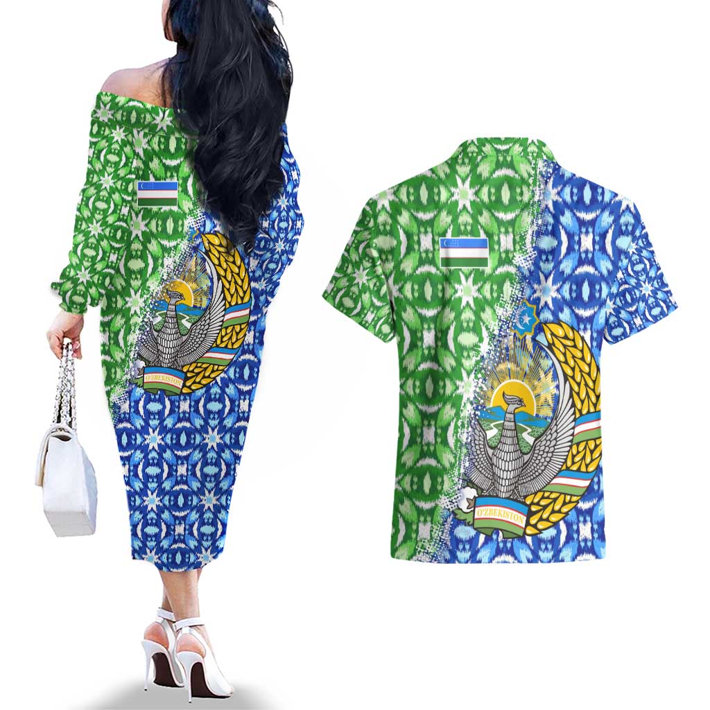 Uzbekistan Couples Matching Off The Shoulder Long Sleeve Dress and Hawaiian Shirt with Ikat Pattern and National Coat of Arms Design - Wonder Print Shop