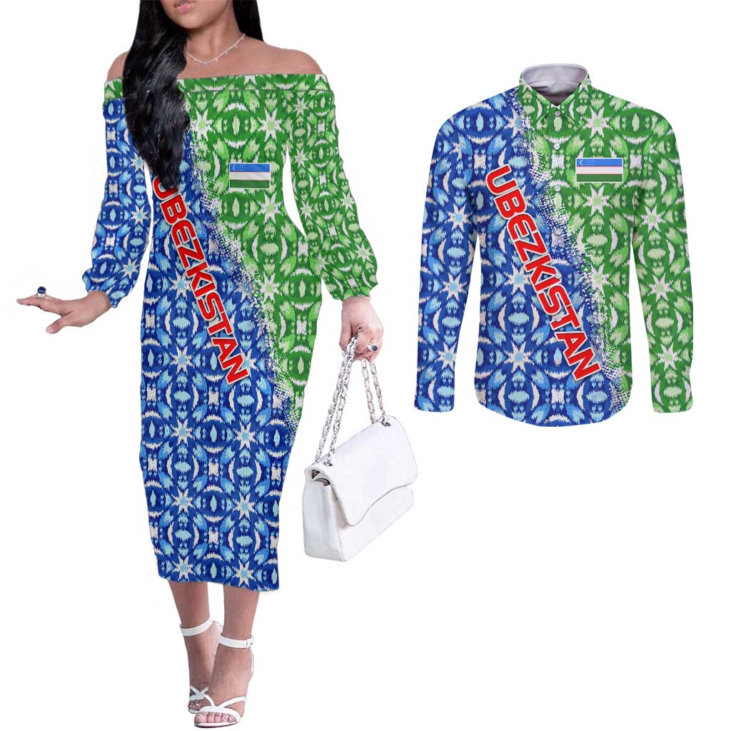 Uzbekistan Couples Matching Off The Shoulder Long Sleeve Dress and Long Sleeve Button Shirt with Ikat Pattern and National Coat of Arms Design - Wonder Print Shop