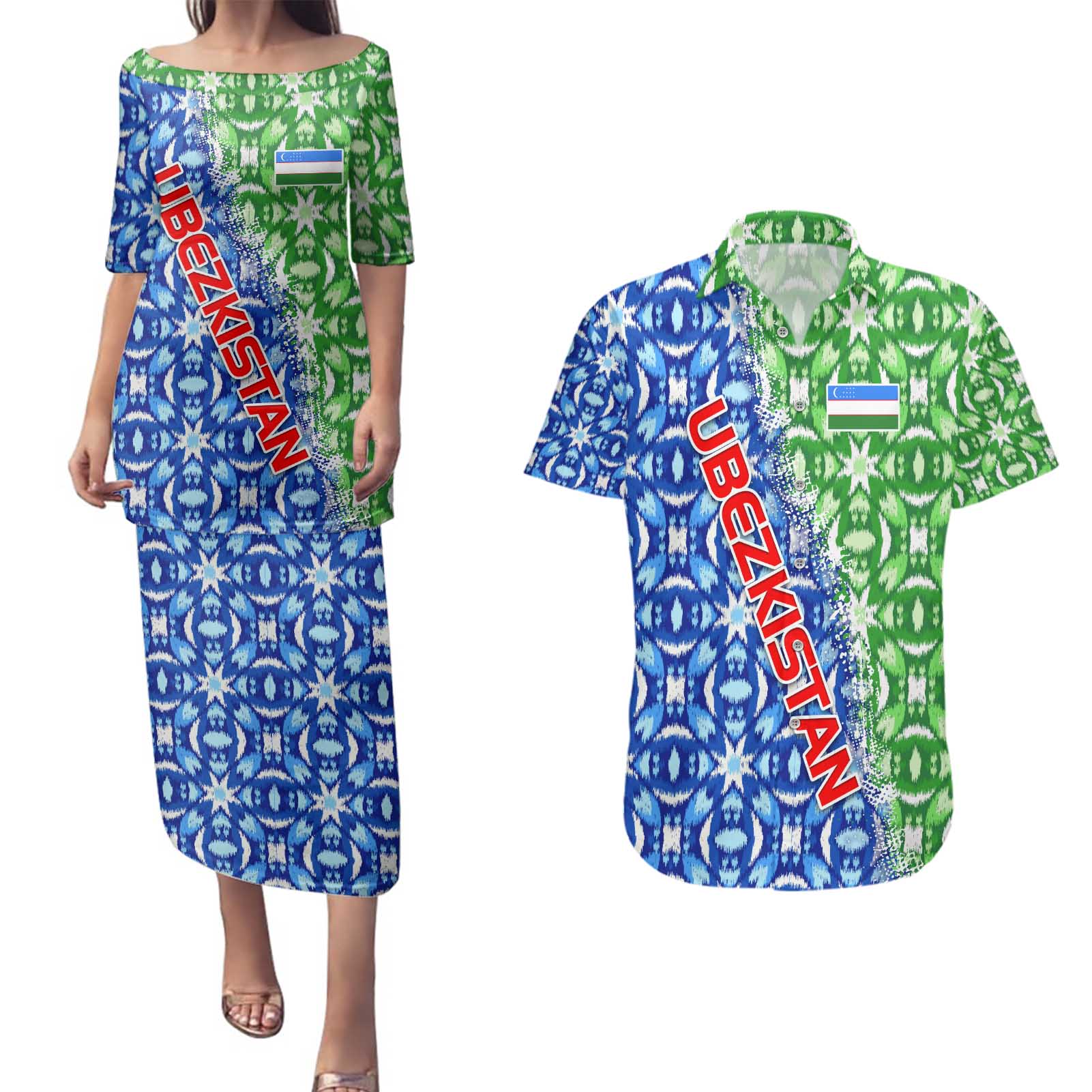 Uzbekistan Couples Matching Puletasi and Hawaiian Shirt with Ikat Pattern and National Coat of Arms Design - Wonder Print Shop