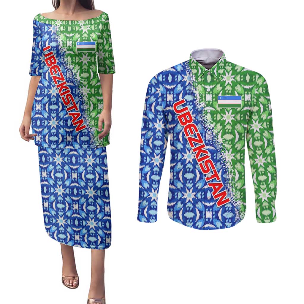Uzbekistan Couples Matching Puletasi and Long Sleeve Button Shirt with Ikat Pattern and National Coat of Arms Design - Wonder Print Shop