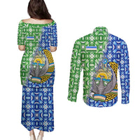 Uzbekistan Couples Matching Puletasi and Long Sleeve Button Shirt with Ikat Pattern and National Coat of Arms Design - Wonder Print Shop
