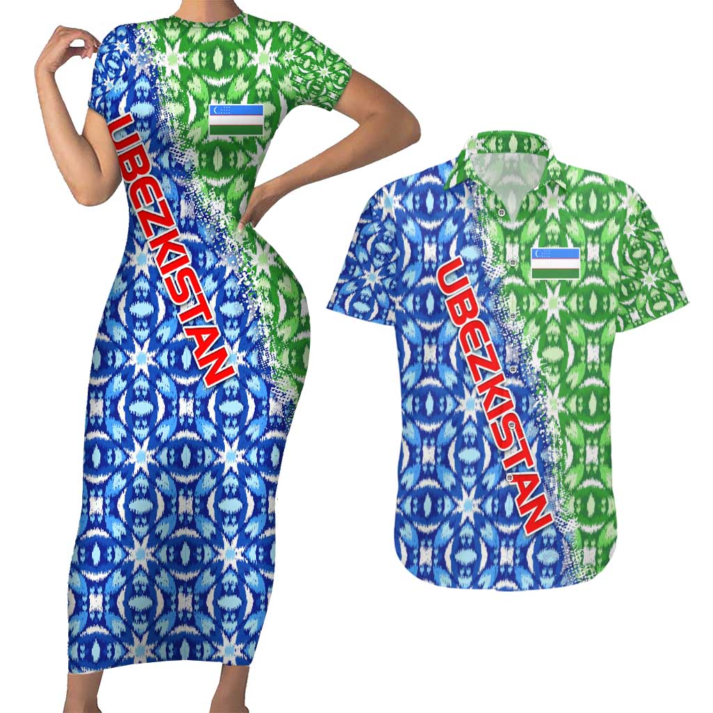 Uzbekistan Couples Matching Short Sleeve Bodycon Dress and Hawaiian Shirt with Ikat Pattern and National Coat of Arms Design - Wonder Print Shop