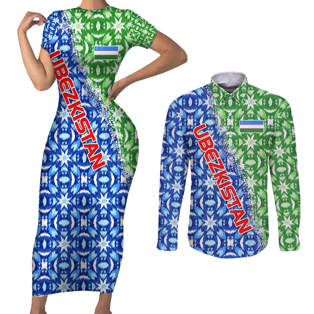 Uzbekistan Couples Matching Short Sleeve Bodycon Dress and Long Sleeve Button Shirt with Ikat Pattern and National Coat of Arms Design - Wonder Print Shop