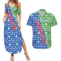 Uzbekistan Couples Matching Summer Maxi Dress and Hawaiian Shirt with Ikat Pattern and National Coat of Arms Design - Wonder Print Shop