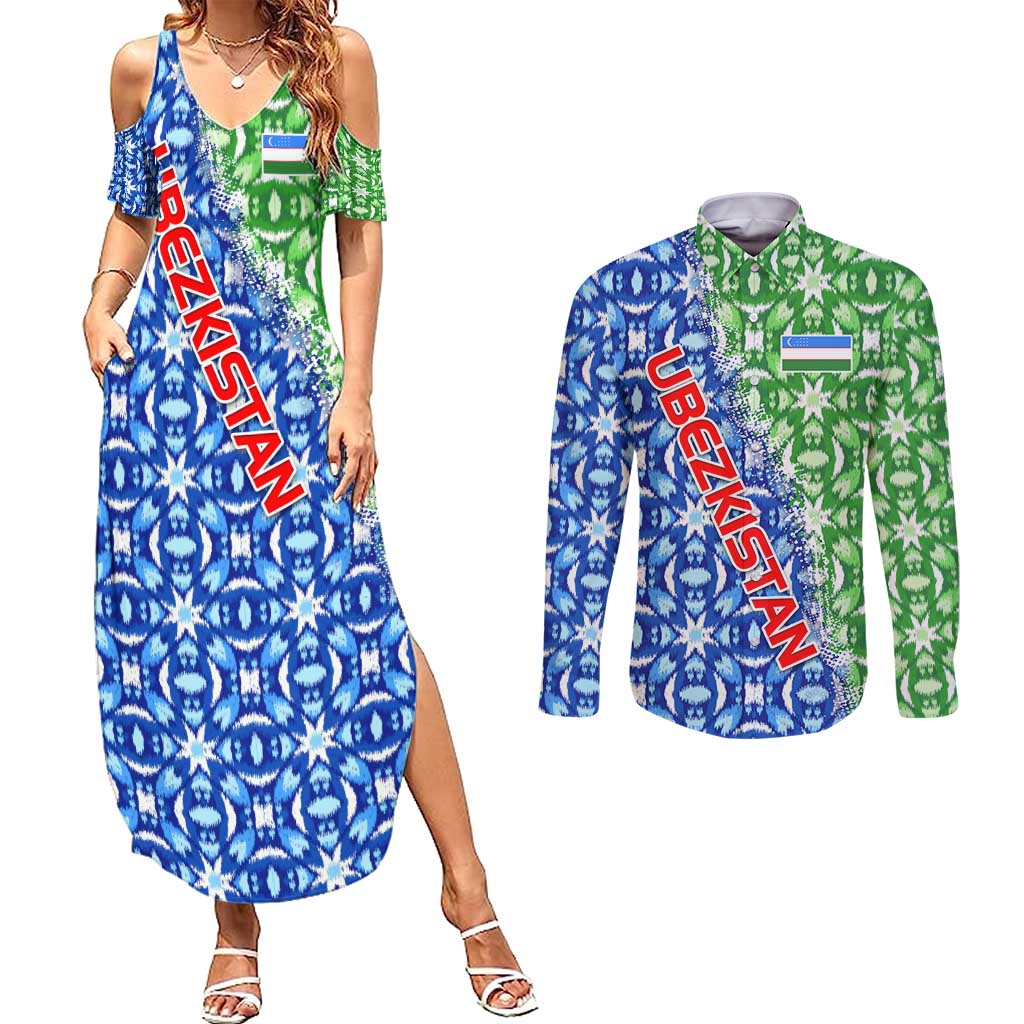 Uzbekistan Couples Matching Summer Maxi Dress and Long Sleeve Button Shirt with Ikat Pattern and National Coat of Arms Design - Wonder Print Shop