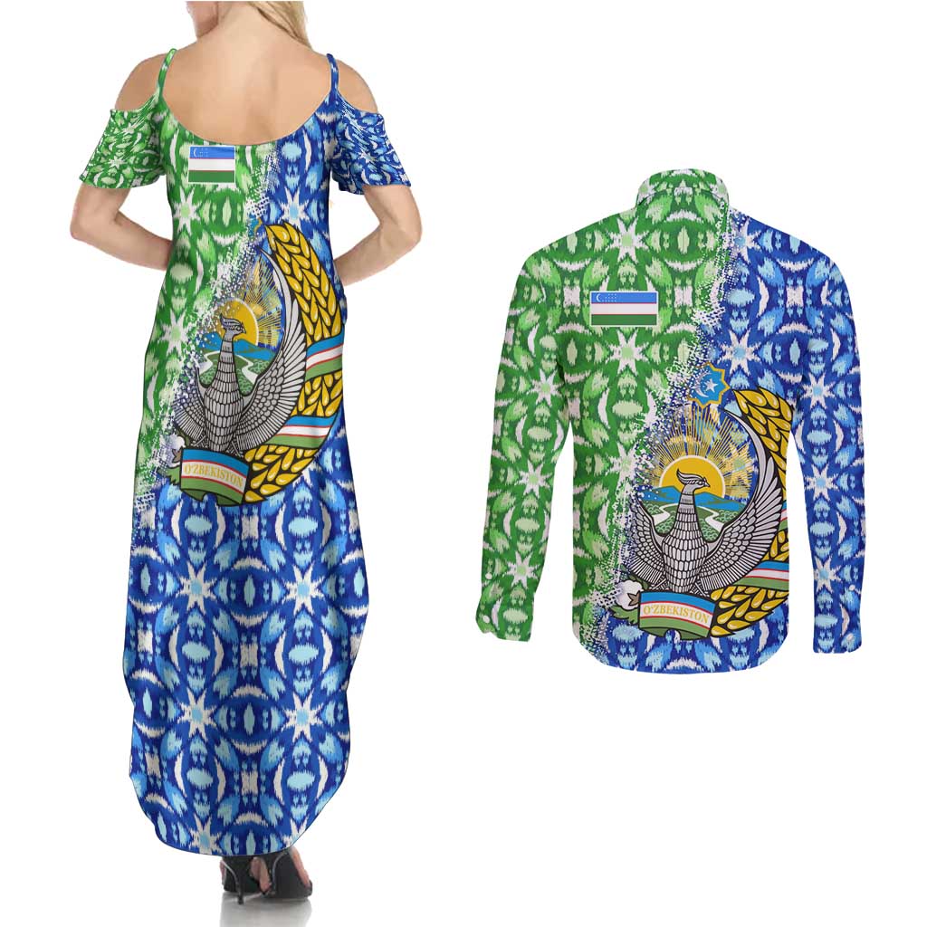 Uzbekistan Couples Matching Summer Maxi Dress and Long Sleeve Button Shirt with Ikat Pattern and National Coat of Arms Design - Wonder Print Shop