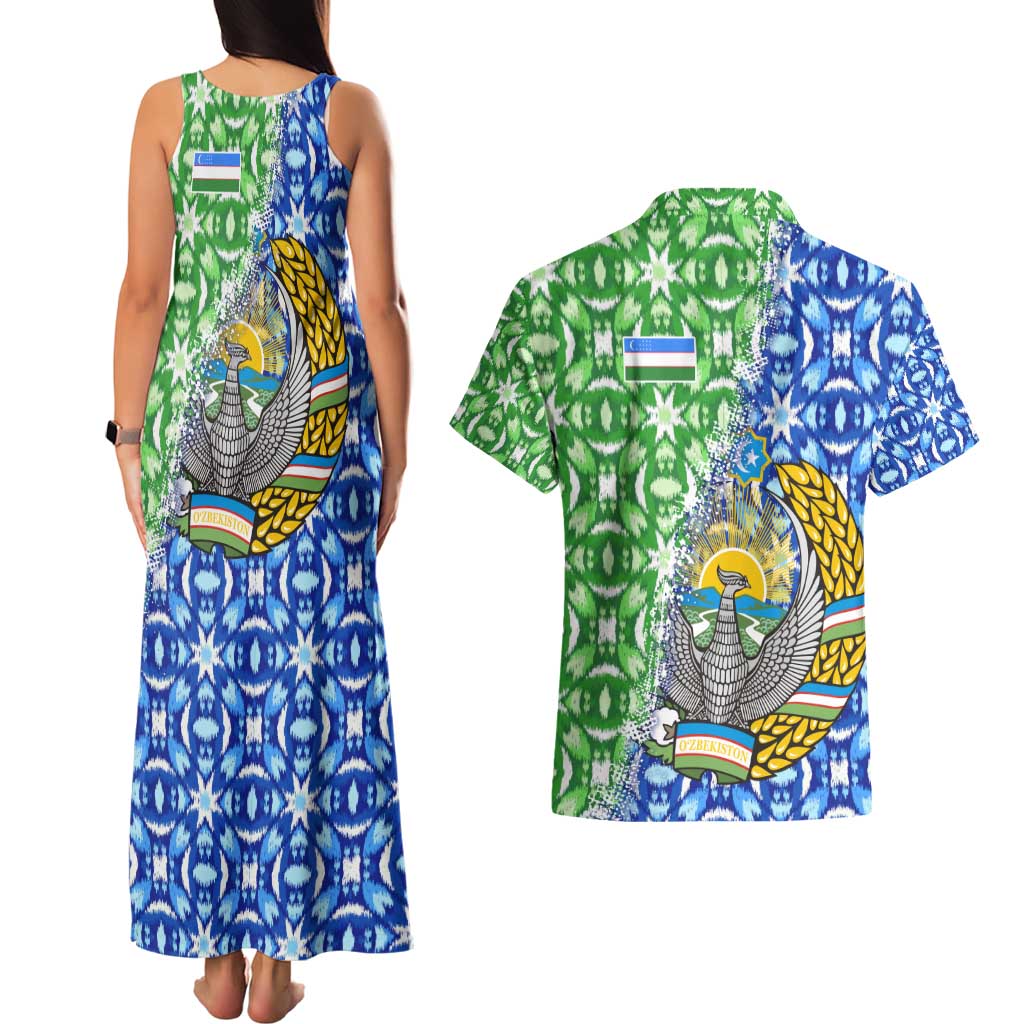 Uzbekistan Couples Matching Tank Maxi Dress and Hawaiian Shirt with Ikat Pattern and National Coat of Arms Design - Wonder Print Shop