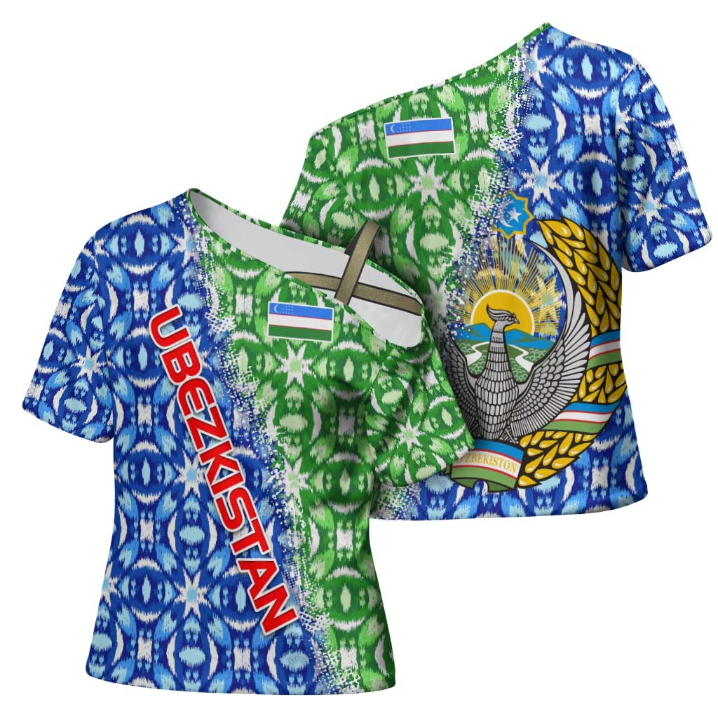Uzbekistan Cross Shoulder Shirt with Ikat Pattern and National Coat of Arms Design - Wonder Print Shop
