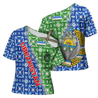 Uzbekistan Cross Shoulder Shirt with Ikat Pattern and National Coat of Arms Design - Wonder Print Shop