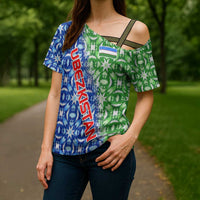 Uzbekistan Cross Shoulder Shirt with Ikat Pattern and National Coat of Arms Design - Wonder Print Shop