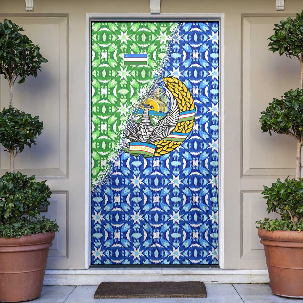 Uzbekistan Door Cover with Ikat Pattern and National Coat of Arms Design - Wonder Print Shop
