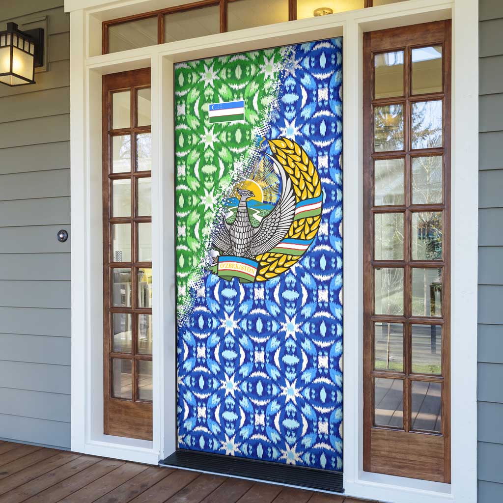 Uzbekistan Door Cover with Ikat Pattern and National Coat of Arms Design - Wonder Print Shop