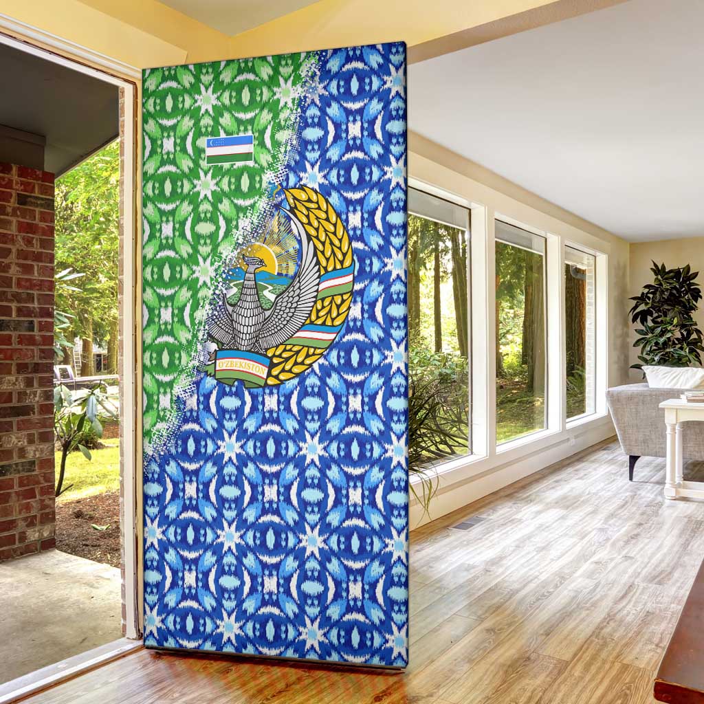 Uzbekistan Door Cover with Ikat Pattern and National Coat of Arms Design - Wonder Print Shop
