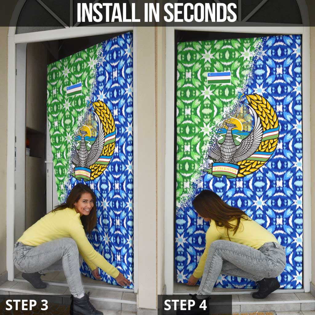 Uzbekistan Door Cover with Ikat Pattern and National Coat of Arms Design - Wonder Print Shop