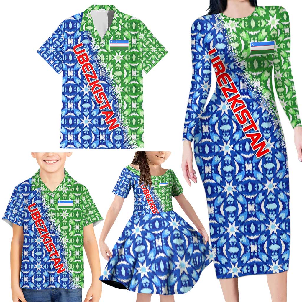 Uzbekistan Family Matching Long Sleeve Bodycon Dress and Hawaiian Shirt with Ikat Pattern and National Coat of Arms Design - Wonder Print Shop